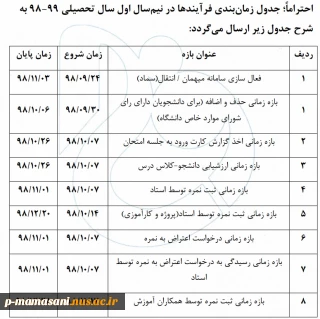 جدول زمانبندی نیمسال 981